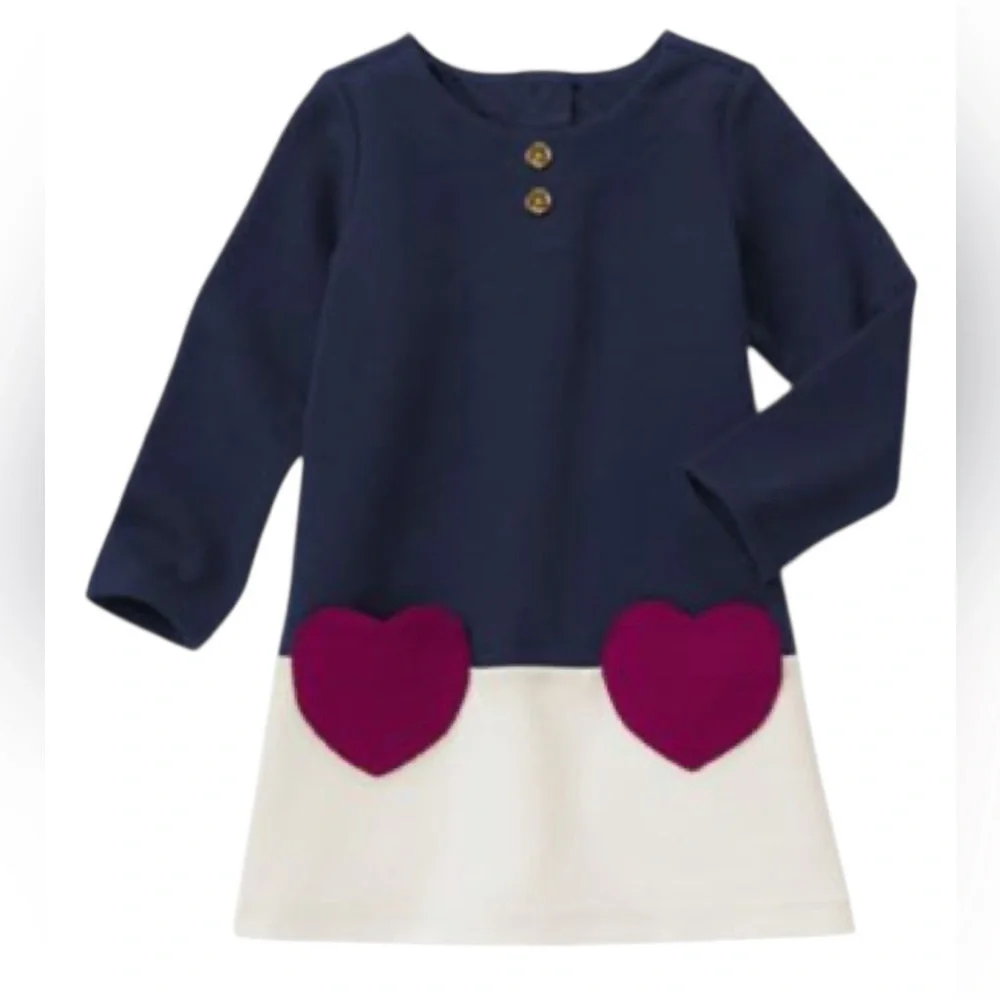 Gymboree Girls Navy Colorblock Heart Pocket Long Sleeve Dress Size 18-24M